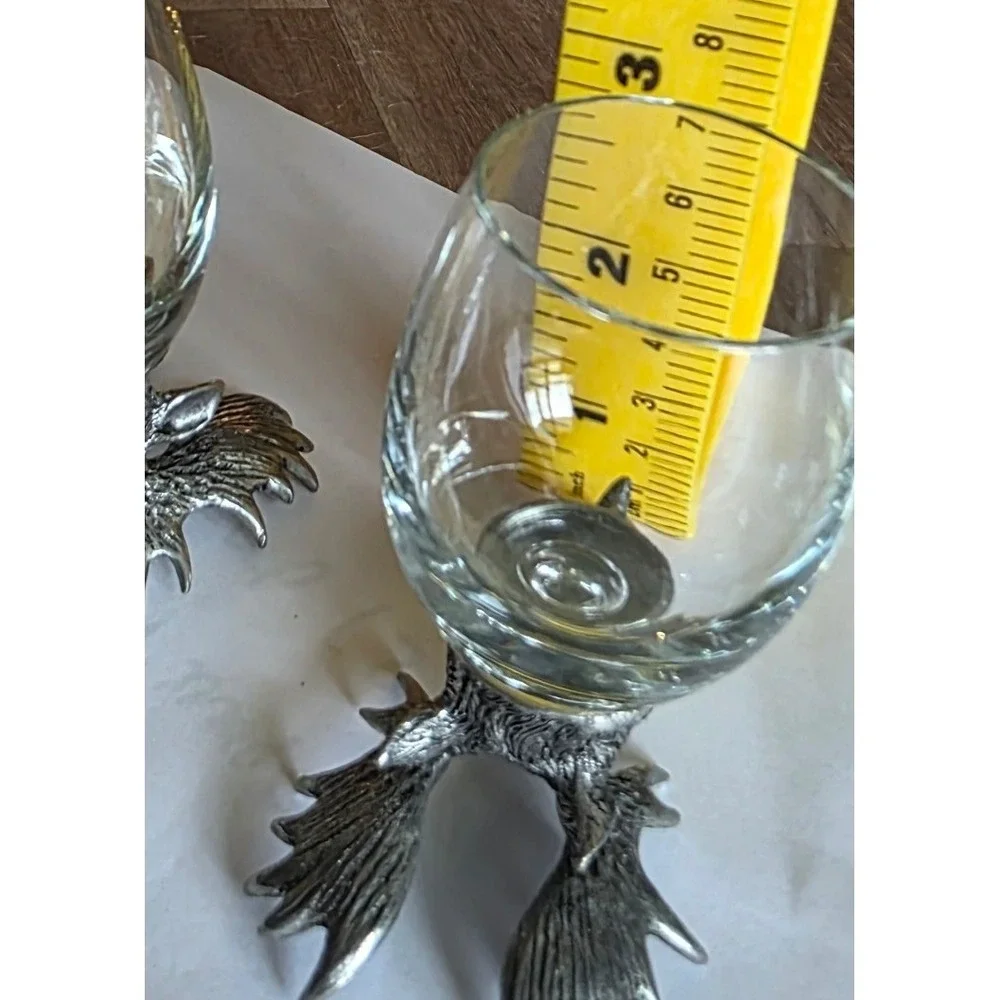 Shot Glass Set Moose Head Pewter Base Cabin Decor Silver Clear